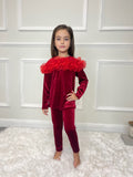Lexie Kids Velour Frill Detail Trouser & Top Set - Red