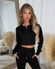 Sienna Round Neck Cropped Corset Zip Top & Straight Leg Trouser Set - Black