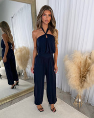 Sydney Halter Neck Elasticated Waist Cuffed Leg Jumpsuit - Black