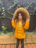 Chloe Metallic Kids Coat with Hood - Mustard