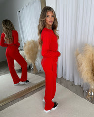 Sienna Round Neck Cropped Corset Zip Top & Straight Leg Trouser Set - Red