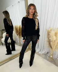 Charlotte Round Neck Jumper with Flower Arm Design - Black