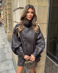 Cleo High Neck Elasticated Detail Faux Leather Jacket - Chocolate