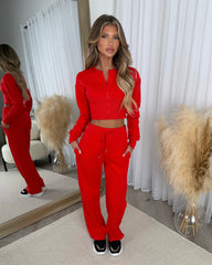 Sienna Round Neck Cropped Corset Zip Top & Straight Leg Trouser Set - Red