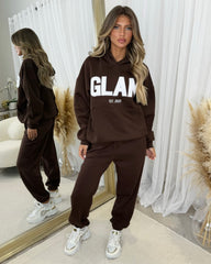 Millie 'GLAM' BOLD EMOBROIDERY Front Logo Print Hoodie - Chocolate