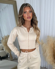 Sienna Round Neck Cropped Corset Zip Top & Straight Leg Trouser Set - Oatmeal