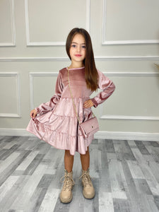 Rosie Kids Velour Layered Dress & Bag - Pink