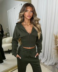 Hayley Corset Design Hooded Zip Jacket with Straight Leg Trousers Set - Khaki Green