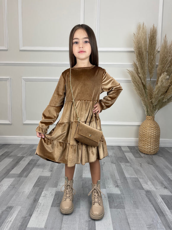 Rosie Kids Velour Layered Dress & Bag - Gold