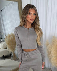 Sienna Round Neck Cropped Corset Zip Top & Straight Leg Trouser Set - Dove Grey
