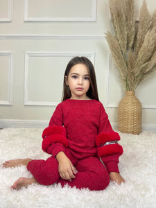 Sylvie Kids Glittery Fur Arm Detail Legging & Top Set - Red