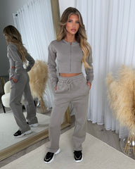 Sienna Round Neck Cropped Corset Zip Top & Straight Leg Trouser Set - Dove Grey