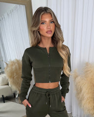 Sienna Round Neck Cropped Corset Zip Top & Straight Leg Trouser Set - Khaki