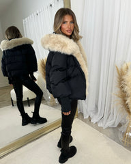 Ruby Hooded Padded Coat with Faux Fur Trim - Black/Beige