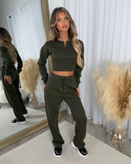 Sienna Round Neck Cropped Corset Zip Top & Straight Leg Trouser Set - Khaki