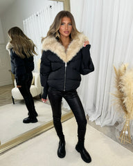 Ruby Hooded Padded Coat with Faux Fur Trim - Black/Beige