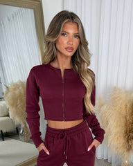 Sienna Round Neck Cropped Corset Zip Top & Straight Leg Trouser Set - Wine