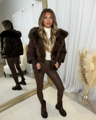 Ruby Hooded Padded Coat with Faux Fur Trim - Chocolate