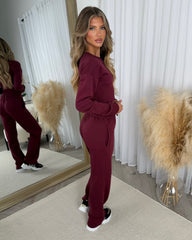Sienna Round Neck Cropped Corset Zip Top & Straight Leg Trouser Set - Wine