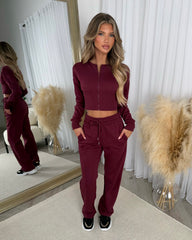Sienna Round Neck Cropped Corset Zip Top & Straight Leg Trouser Set - Wine