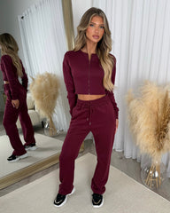 Sienna Round Neck Cropped Corset Zip Top & Straight Leg Trouser Set - Wine