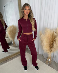 Sienna Round Neck Cropped Corset Zip Top & Straight Leg Trouser Set - Wine