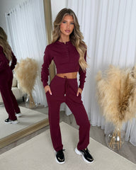 Eliza Ribbed Round Neck Button Up Corset Style Top & Trouser Set - Wine