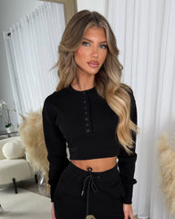 Eliza Ribbed Round Neck Button Up Corset Style Top & Trouser Set - Black