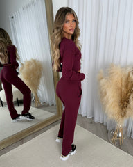 Eliza Ribbed Round Neck Button Up Corset Style Top & Trouser Set - Wine