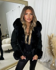 Eva Faux Fur Cuff Pocket Detail Hooded Bomber Jacket - Black