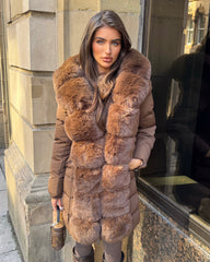 Hayley Faux Fur Belted Padded Coat - Chocolate