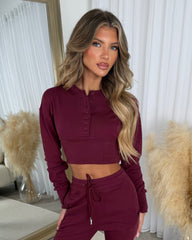 Eliza Ribbed Round Neck Button Up Corset Style Top & Trouser Set - Wine