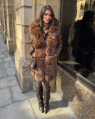 Hayley Faux Fur Belted Padded Coat - Chocolate