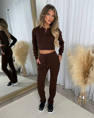 Eliza Ribbed Round Neck Button Up Corset Style Top & Trouser Set - Chocolate