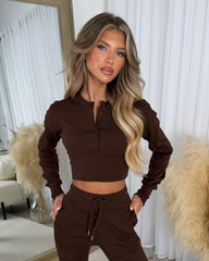Eliza Ribbed Round Neck Button Up Corset Style Top & Trouser Set - Chocolate