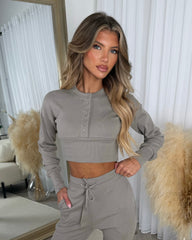 Eliza Ribbed Round Neck Button Up Corset Style Top & Trouser Set - Dove Grey