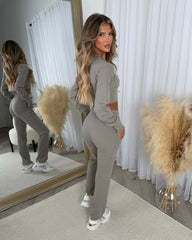 Eliza Ribbed Round Neck Button Up Corset Style Top & Trouser Set - Dove Grey