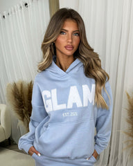 Millie 'GLAM' BOLD EMOBROIDERY Front Logo Print Hoodie - Baby Blue