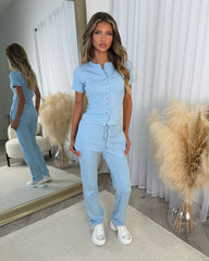 Elsie Short Sleeve Button Top & Trouser Co-ord Set - Baby Blue