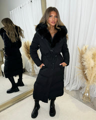 Mia Faux Fur Pull in Waist Long Padded Coat - Black