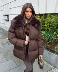 Aveline Hooded Faux Fur Trim Jacket - Brown