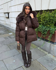 Aveline Hooded Faux Fur Trim Jacket - Brown