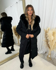 Mia Faux Fur Pull in Waist Long Padded Coat - Black
