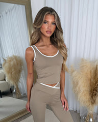 Lottie Contrast V Neck Top & Flared Leggings Activewear Set - Taupe