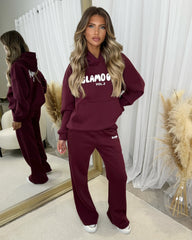 Zoey 'GLAMDOLL' BUBBLE PRINT Design Hoodie & Flared Jogger Set - Burgundy