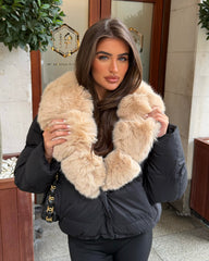 Vienne V-Neck Hooded Faux Fur  Trim Bomber Coat - Black/Beige