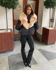 Vienne V-Neck Hooded Faux Fur  Trim Bomber Coat - Black/Beige