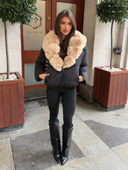 Vienne V-Neck Hooded Faux Fur  Trim Bomber Coat - Black/Beige