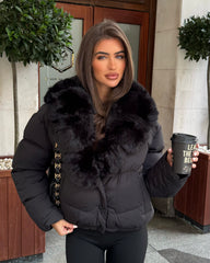 Vienne V-Neck Hooded Faux Fur  Trim Bomber Coat - Black