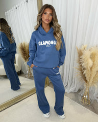 Zoey 'GLAMDOLL' BUBBLE PRINT Design Hoodie & Flared Jogger Set - Denim Blue